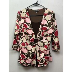 Elementz Shirt Womens Large Brown Pink Ring Abstract Print Stretch Top
